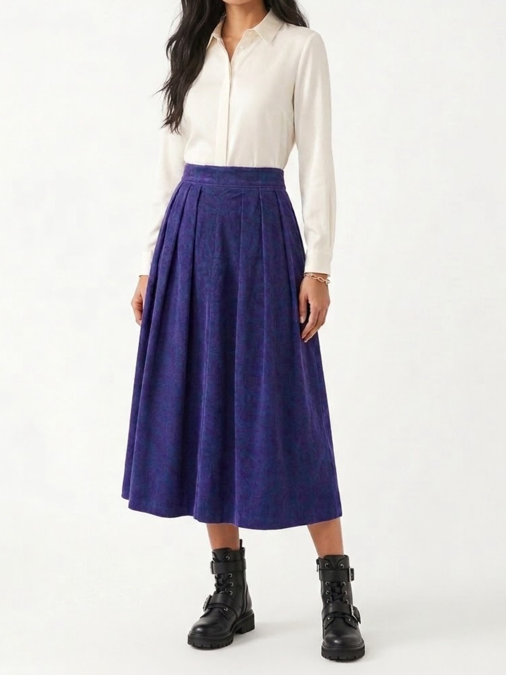 Vintage Mondi Corduroy Midi Skirt West Germany Purple Floral Paisley Sz 34 XS